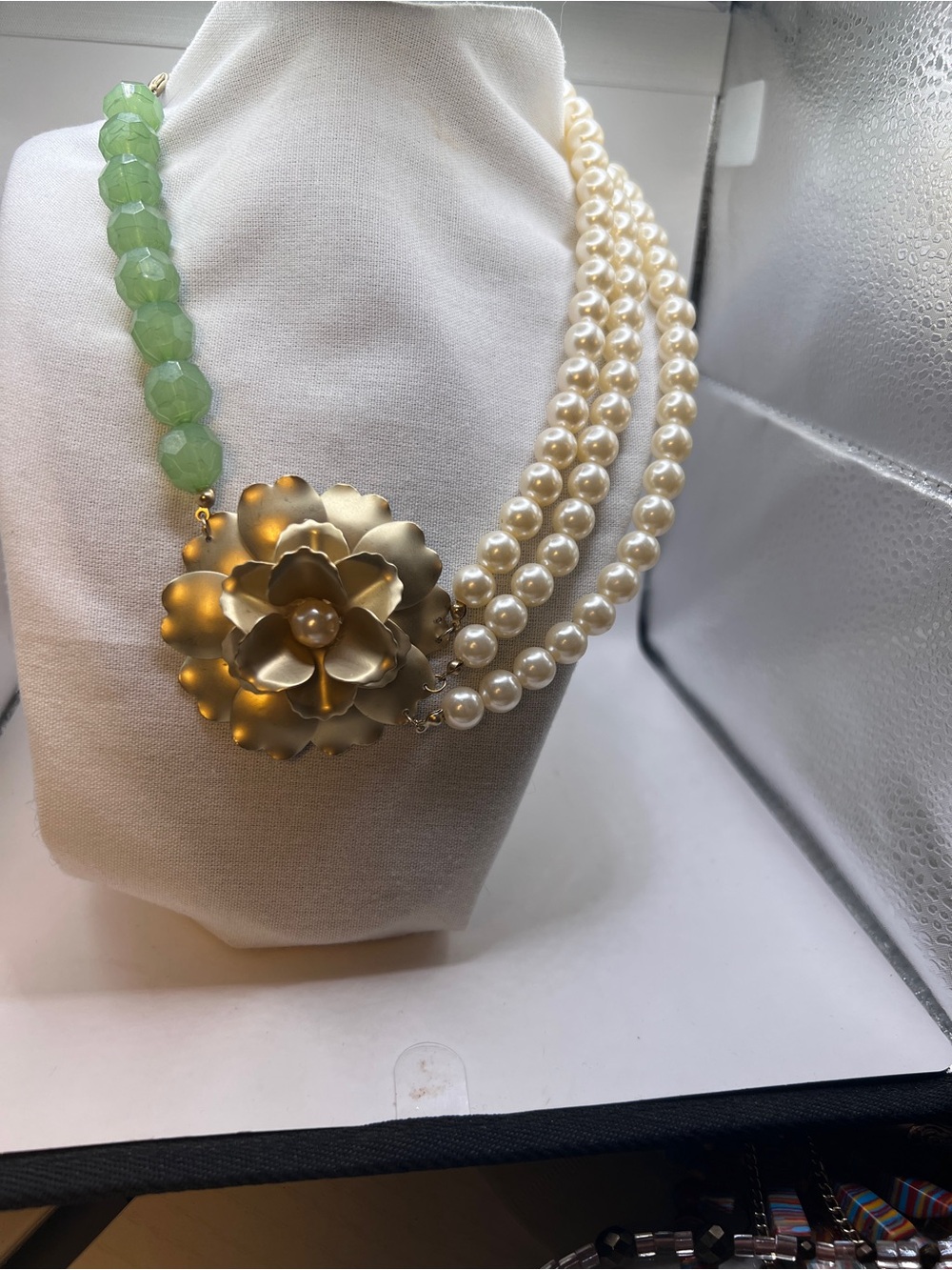 Faux Pearl Multi-Strand Necklace with Green Beads and Gold Flower Accent
